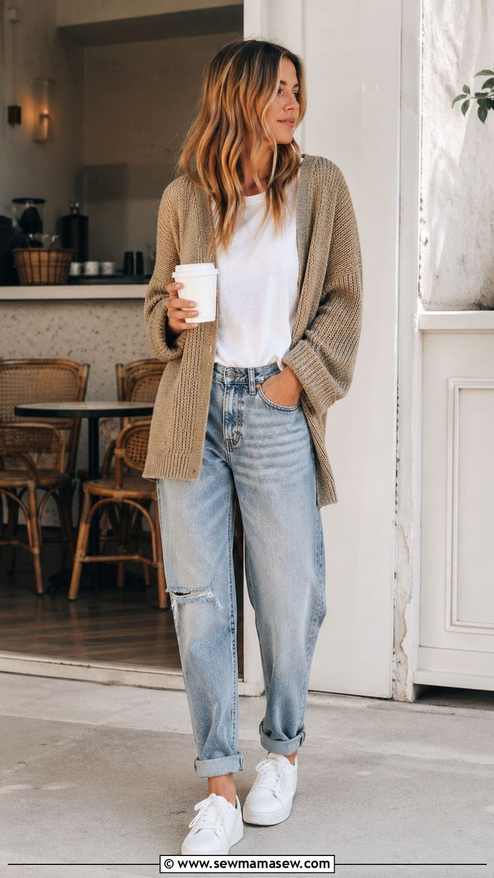 Khaki Cardigan With White Tee and Boyfriend Jeans - 30 spring khaki outfit ideas