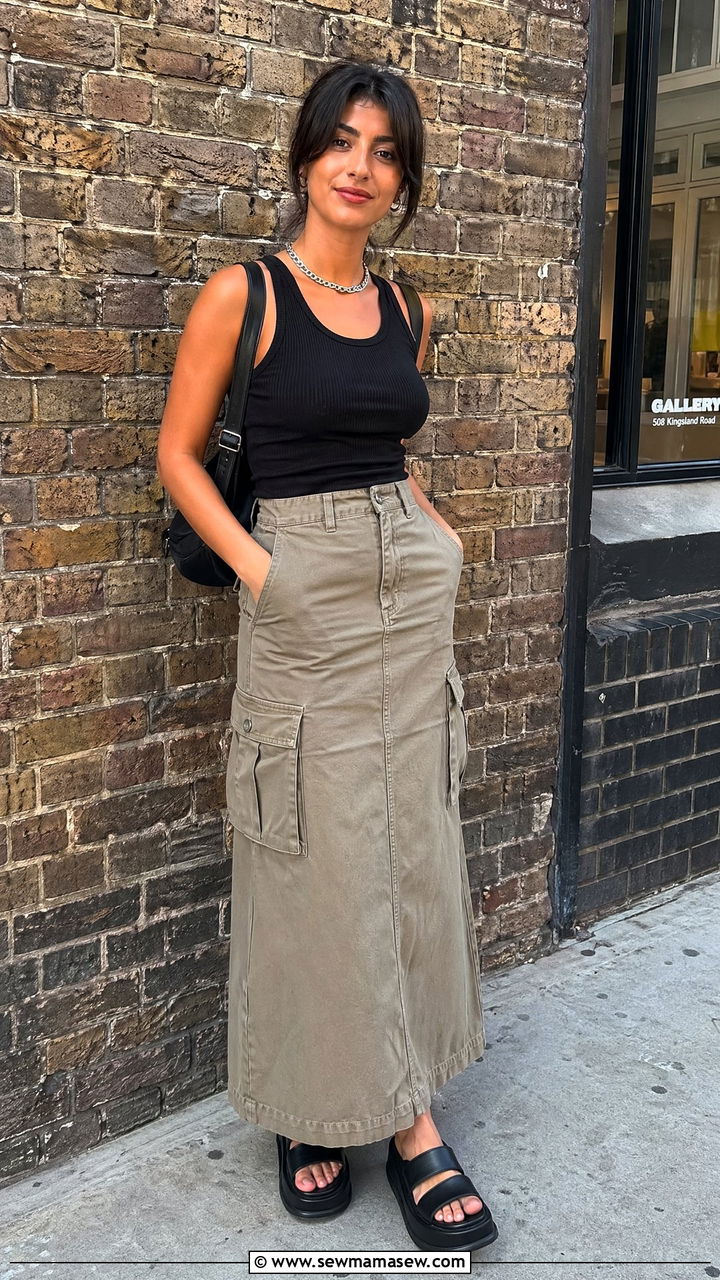 Khaki Cargo Maxi Skirt With Fitted Tank Top - 35 Summer London outfit ideas