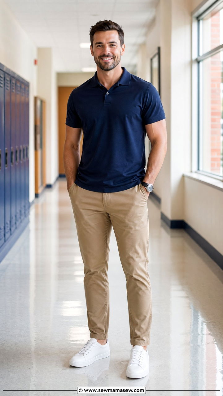 Khaki Chinos With Polo Shirt And Clean Sneakers For Men - 35 Counselor outfit ideas