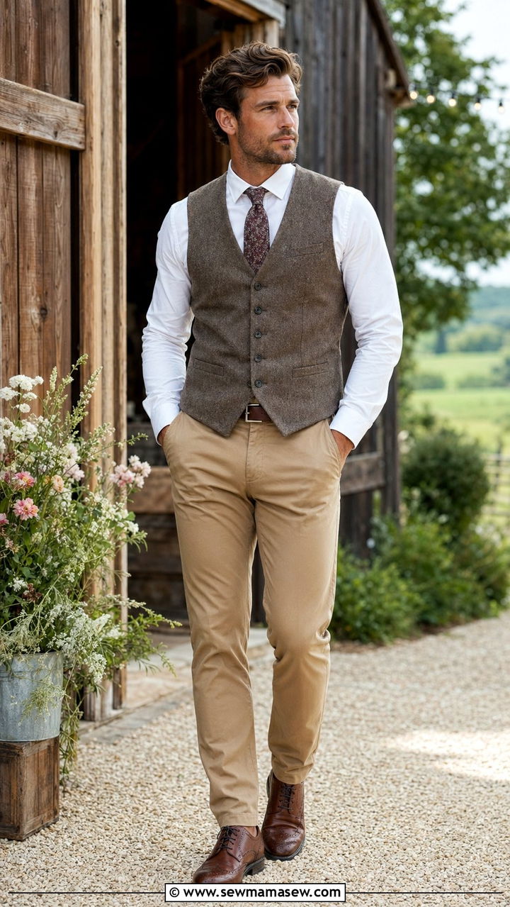 Khaki Chinos with a Vest - 30 Barn wedding guest outfit ideas