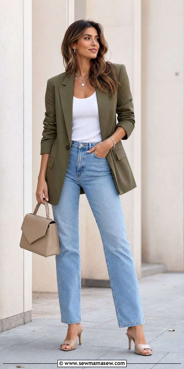 Khaki Green Blazer with Sky Blue Straight Jeans - 30 Blue and green outfit ideas
