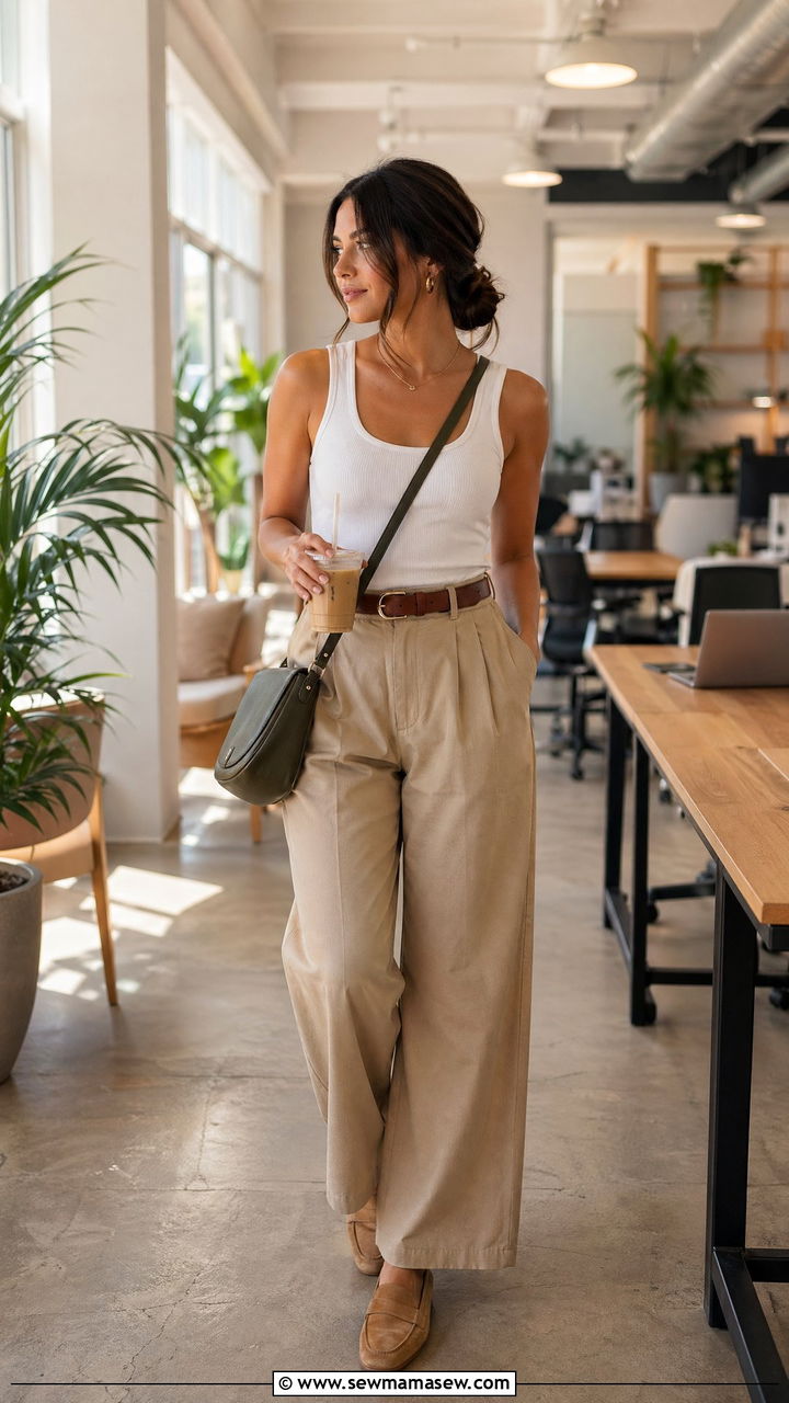 Khaki High Waist Trousers and Cotton Tank - 35 summer business casual outfit ideas