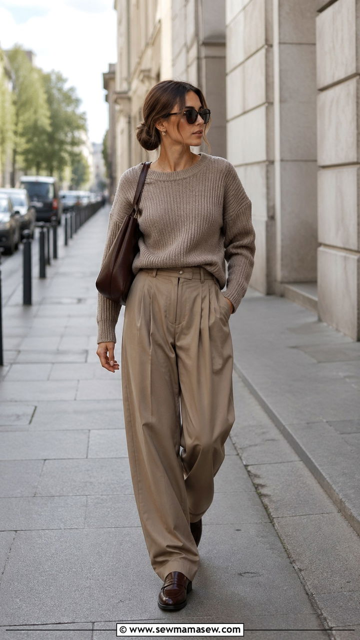 Khaki Knit Sweater With White Wide Leg Pants and Mules - 30 spring khaki outfit ideas