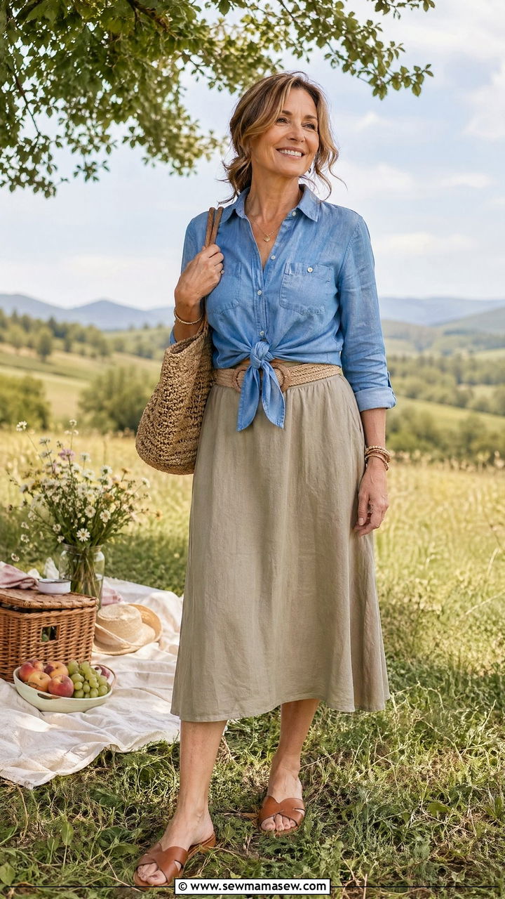 Khaki Linen Midi Skirt With Chambray Button Down And Raffia Belt - 35 Summer outfits for women over 50