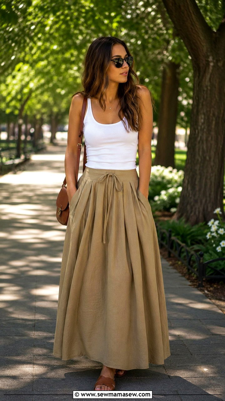 Khaki Maxi Skirt With Fitted Tank and Flat Sandals - 30 spring khaki outfit ideas