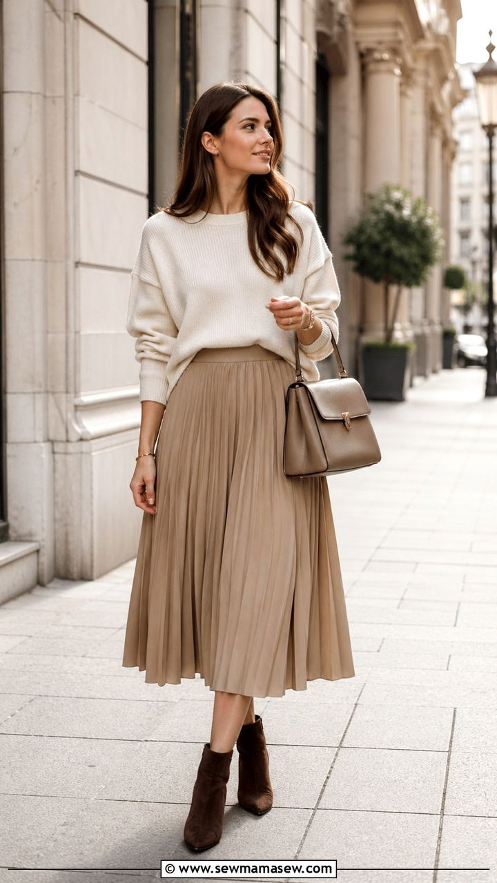 Khaki Midi Skirt With Knit Sweater and Ankle Boots - 30 spring khaki outfit ideas