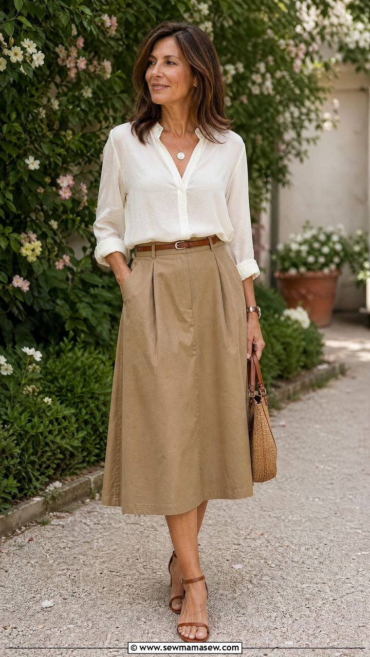 Khaki Midi Skirt with Lightweight Blouse - 35 Summer outfits for women over 40