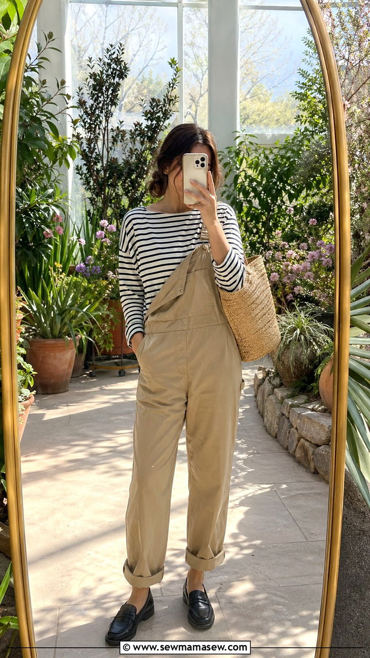 Khaki Overalls With Striped Tee and Loafers - 30 spring khaki outfit ideas