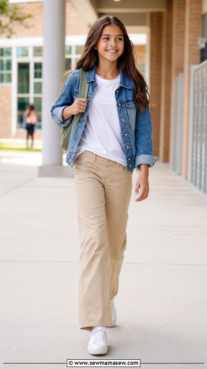 Khaki Pants With Plain Tee and Denim Jacket - 30 Back to school outfit ideas middle school 2026