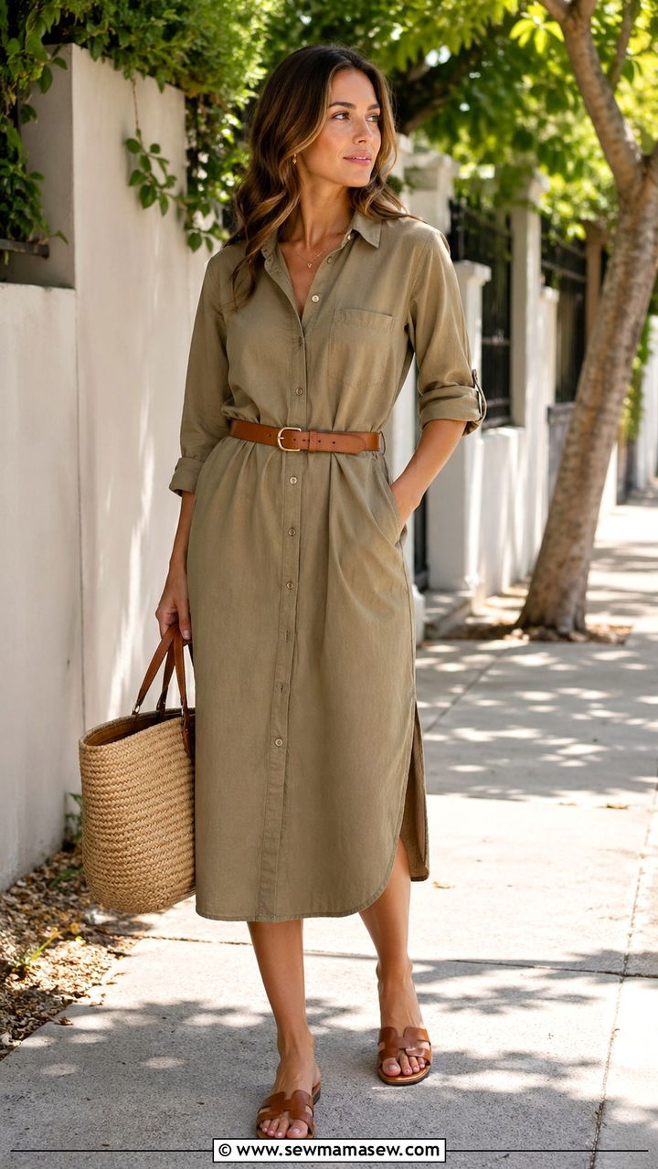 Khaki Shirt Dress With Belt and Flat Sandals - 30 spring khaki outfit ideas