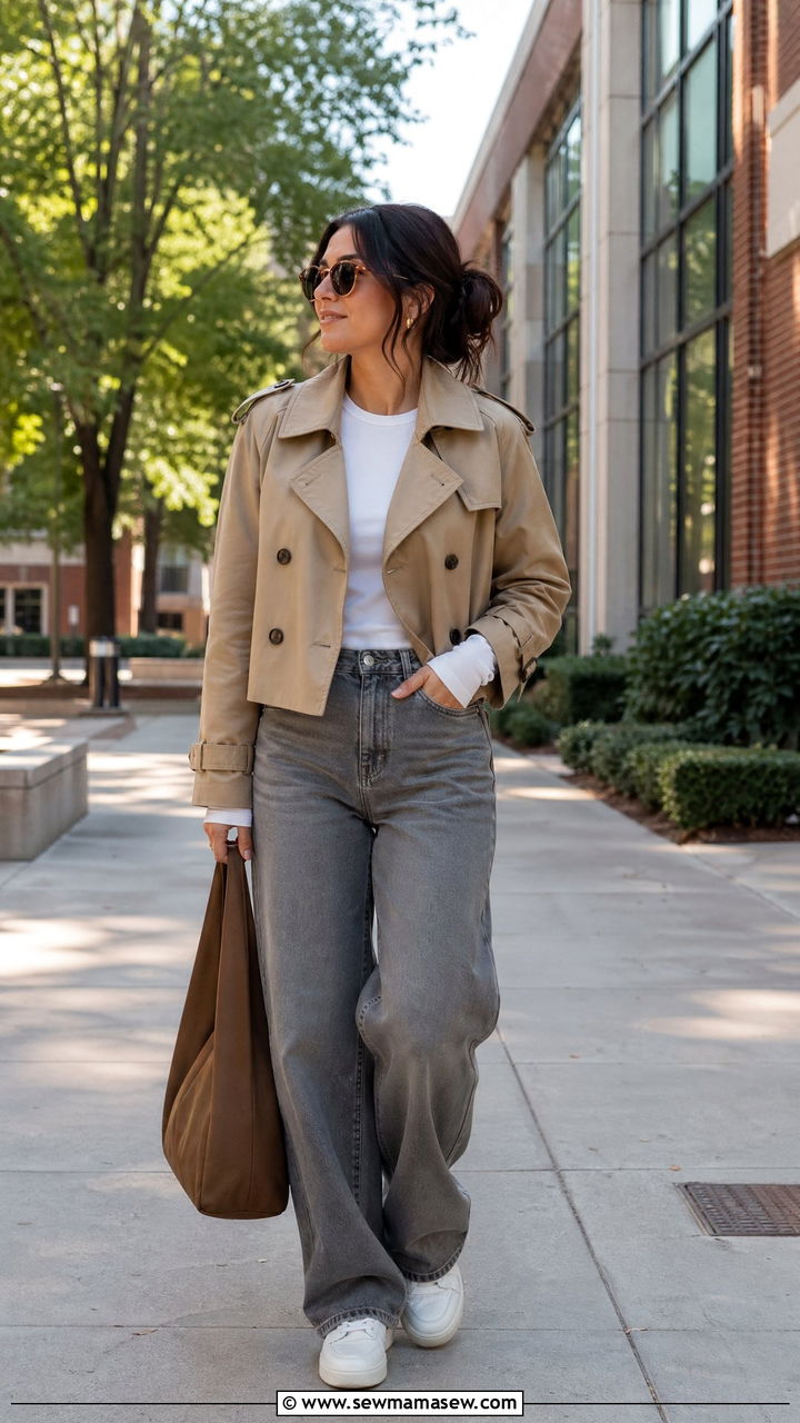 Khaki Short Trench Coat With Baggy Jeans and White Long Sleeve Tee - 35 teacher outfits for women