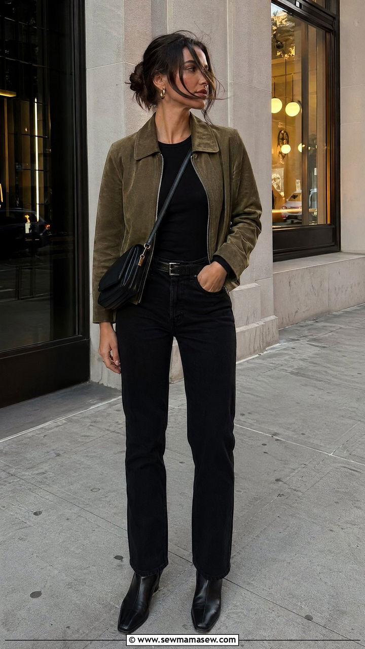 Khaki Suede Jacket With Black Jeans And Black Long Sleeve Tee - 35 Windy summer outfits