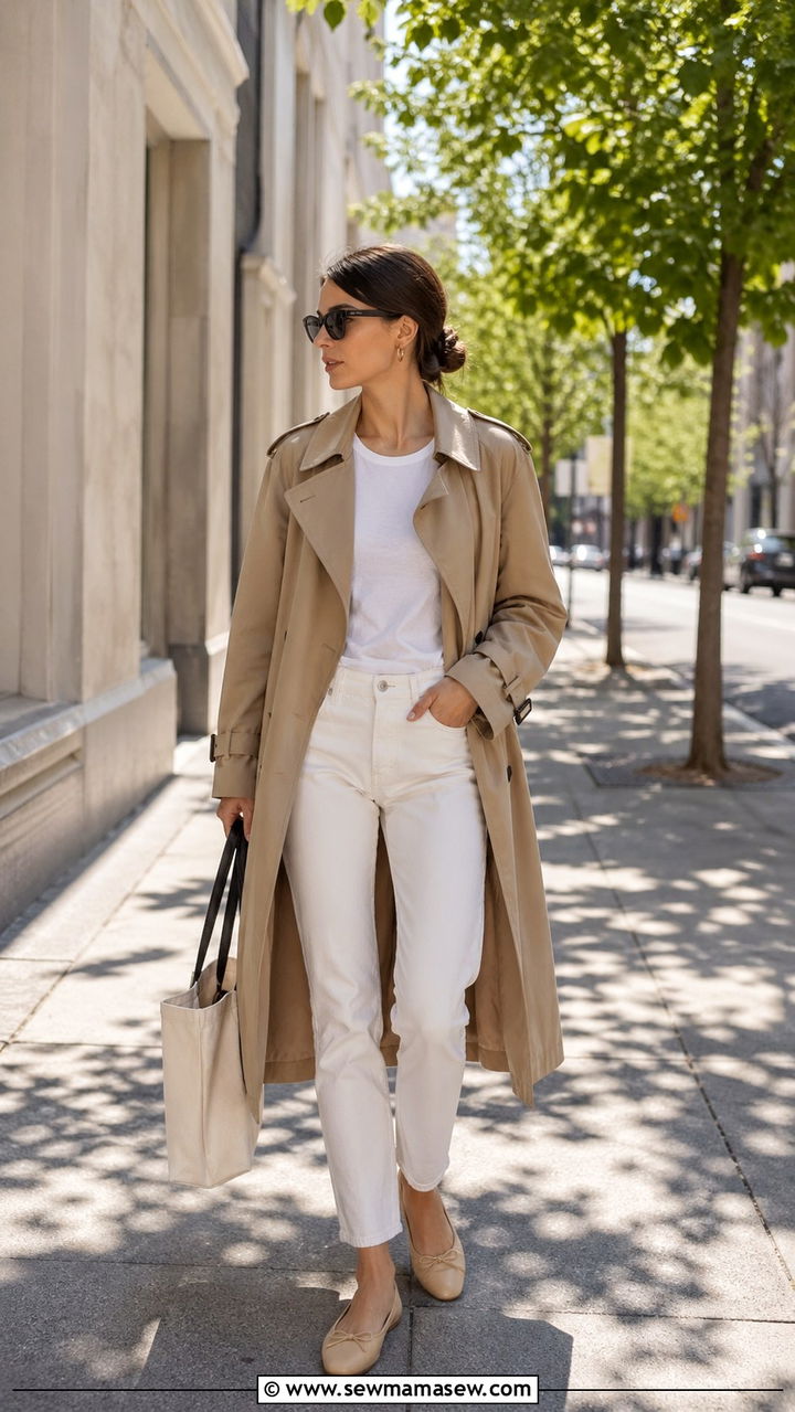 Khaki Trench With White Jeans and Ballet Flats - 30 spring khaki outfit ideas