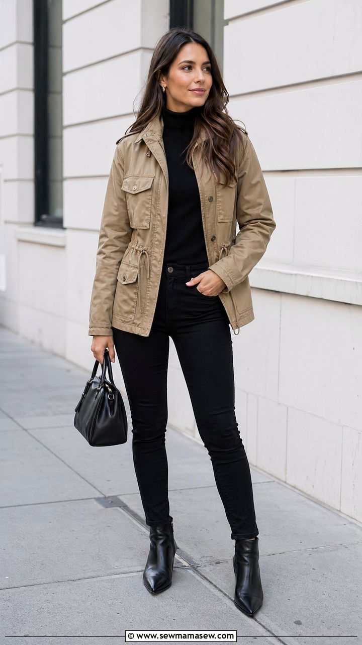 Khaki Utility Jacket With Black Turtleneck And Slim Black Jeans - 35 Utility jacket outfit ideas