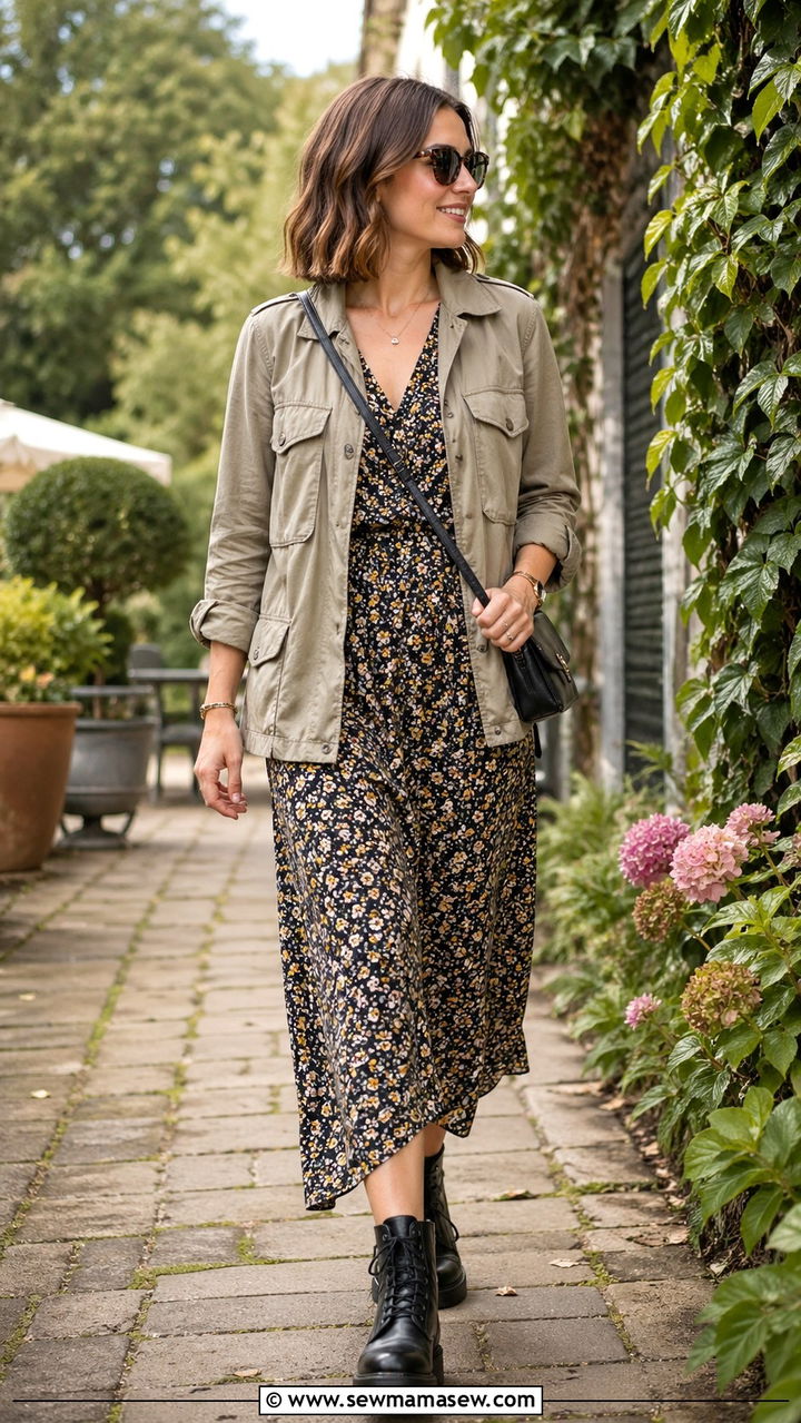 Khaki Utility Jacket With Floral Dress and Combat Boots - 30 spring khaki outfit ideas