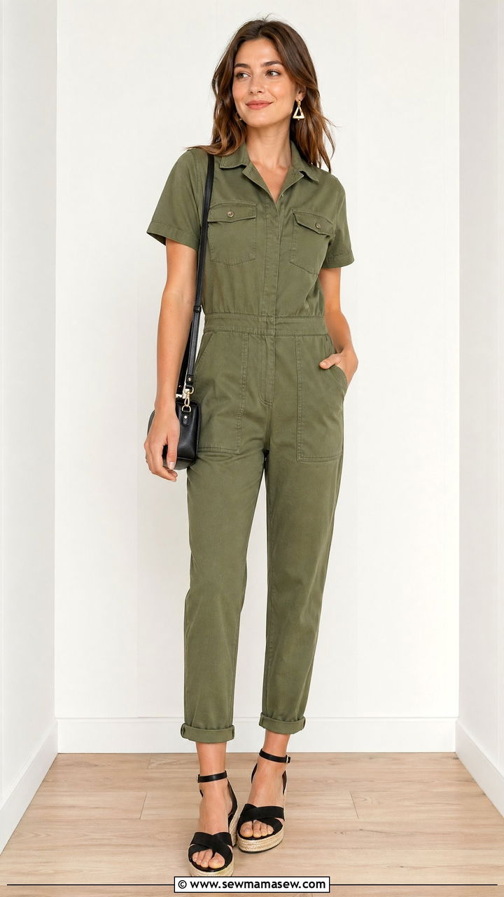 Khaki Utility Jumpsuit With Espadrille Wedges And A Crossbody Bag - 35 summer capsule wardrobe outfits