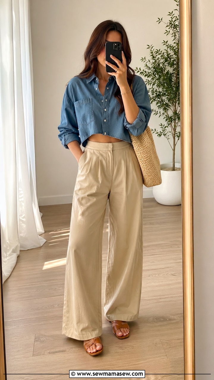 Khaki Wide Leg Pants With Cropped Blue Shirt and Sandals - 30 spring khaki outfit ideas