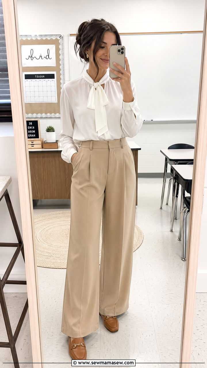 Khaki Wide Leg Pants with White Blouse and Tan Loafers - 35 teacher outfit ideas for women