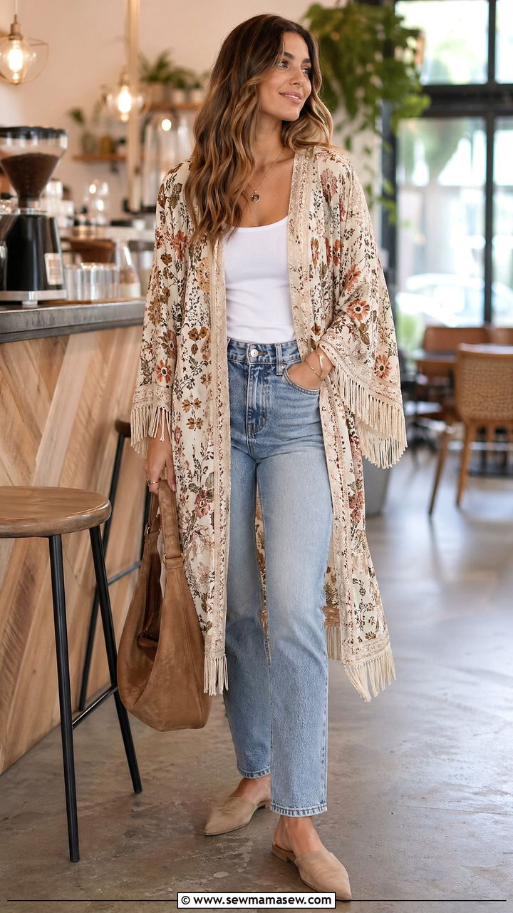 Kimono Cardigan With Tank And Jeans - 35 spring boho chic outfit ideas