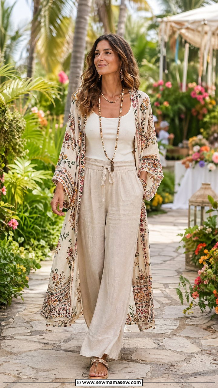 Kimono Overlay With Tank and Linen Pants - 35 summer garden party outfit ideas