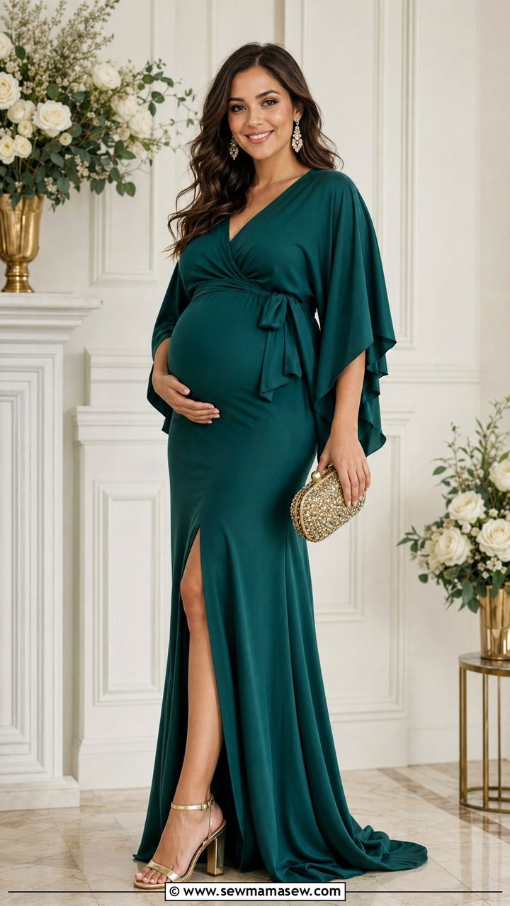 Kimono Sleeve Wrap Dress And Heeled Sandals Outfit - 35 pregnancy outfit ideas