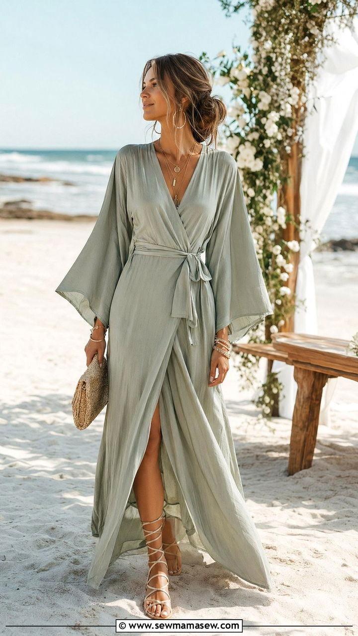 Kimono Sleeve Wrap Dress With Gladiator Sandals - 35 Modest outfit ideas for wedding guest