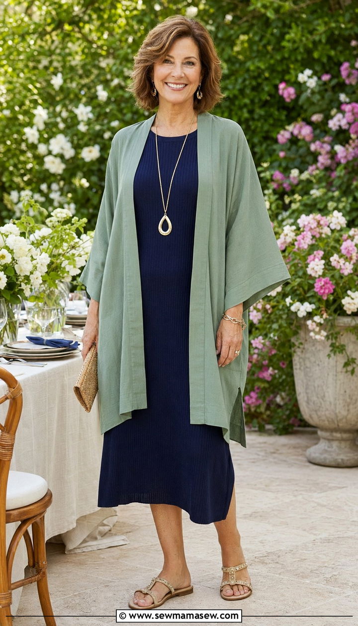 Kimono Style Blazer with Dress Outfit - 30 Best blazers for women over 60