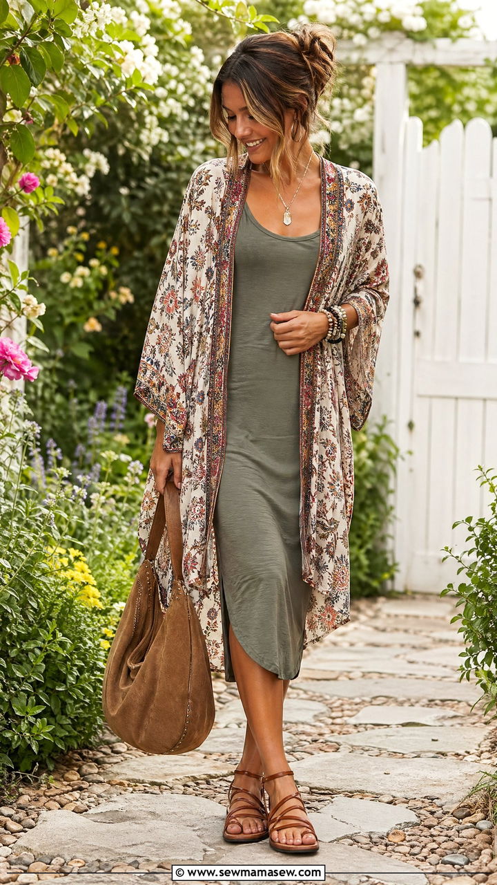 Kimono Style Wrap Over a Cotton Jersey Tank Dress - 35 Summer transition outfits for women