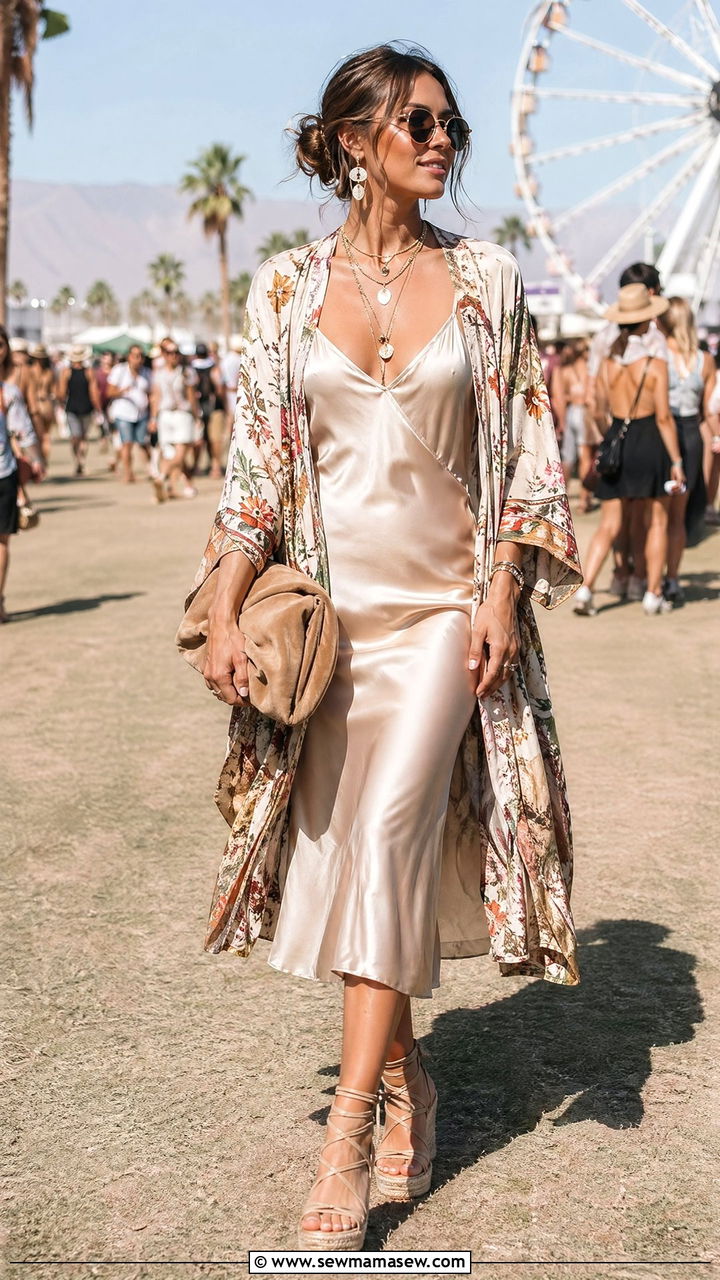 Kimono and Slip Dress with Wedge Sandals - 35 Wedge sandal outfit ideas