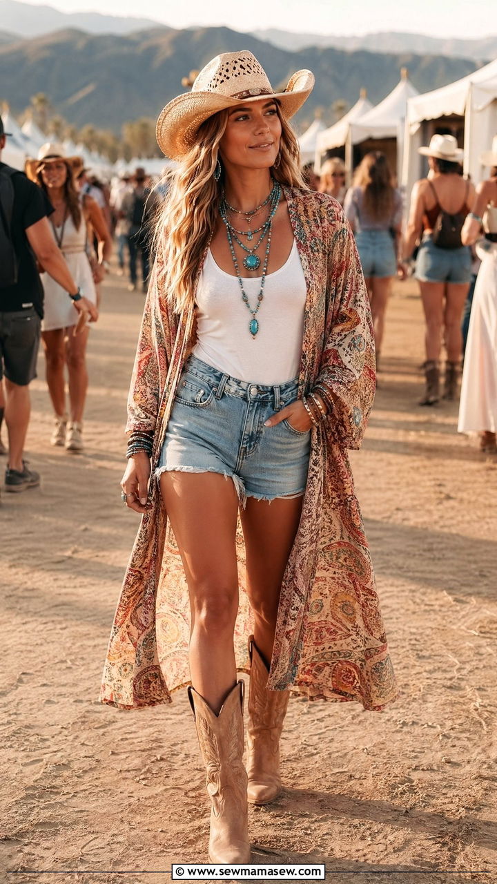 Kimono cover up with high waisted denim shorts - 35 Stagecoach outfit ideas