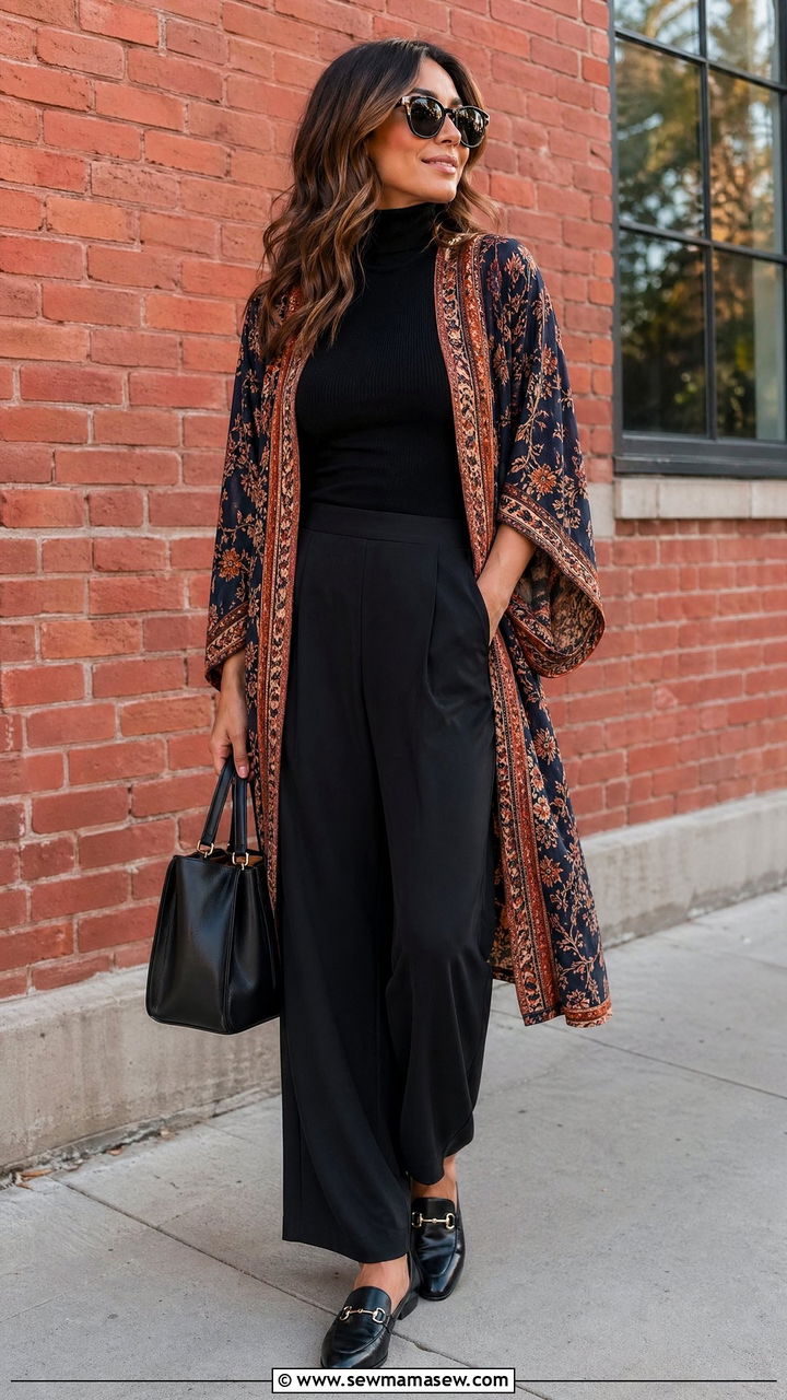 Kimono over turtleneck and wide leg pants - 35 transitional boho outfit ideas