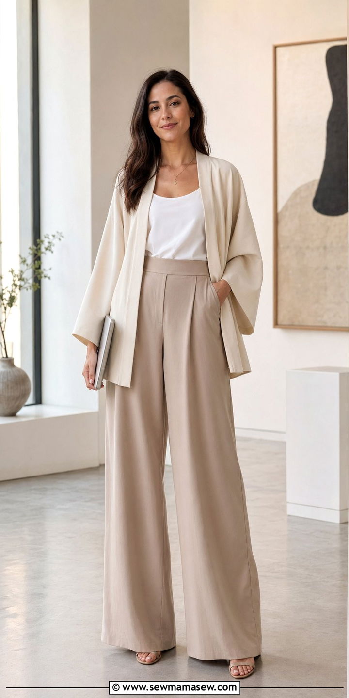Kimono sleeve jacket with wide leg pants outfit - 35 Modest work outfit ideas