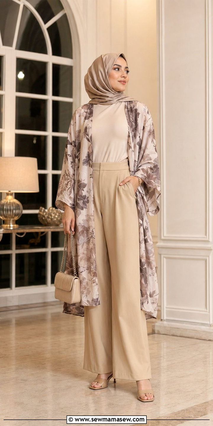 Kimono style jacket with wide leg trousers - 35 Modest outfit ideas for Muslim women