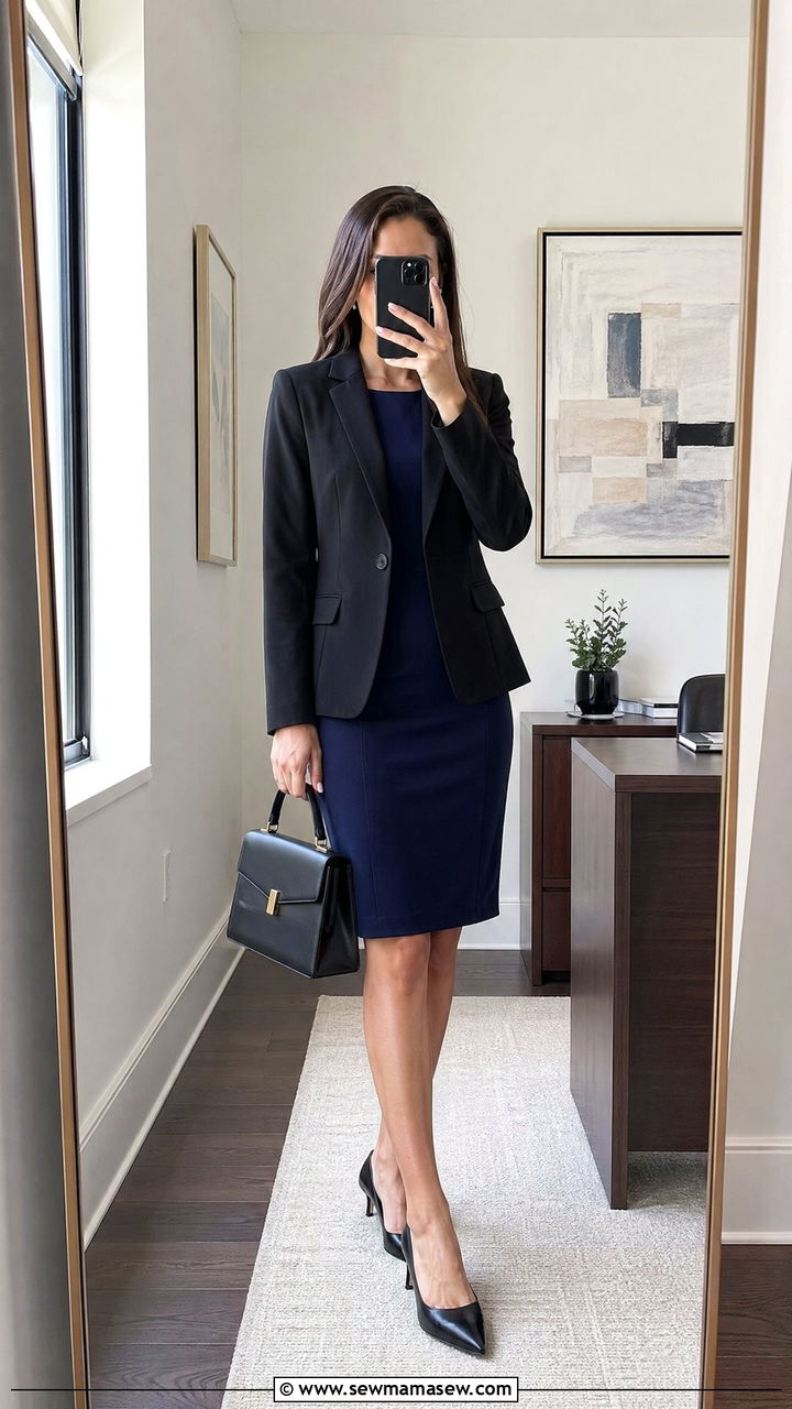 Knee length sheath dress with black blazer - 35 Courtroom outfit ideas for women