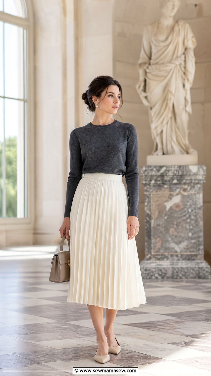 Knife Pleated Midi Skirt With Fine Knit Sweater - 35 spring quiet luxury outfits