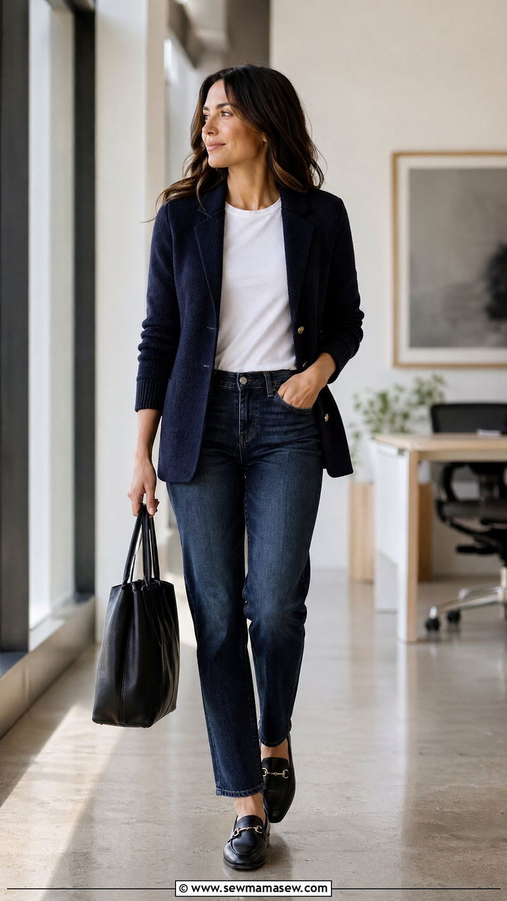 Knit Blazer With Dark Wash Jeans And Loafers - 35 work outfits for moms