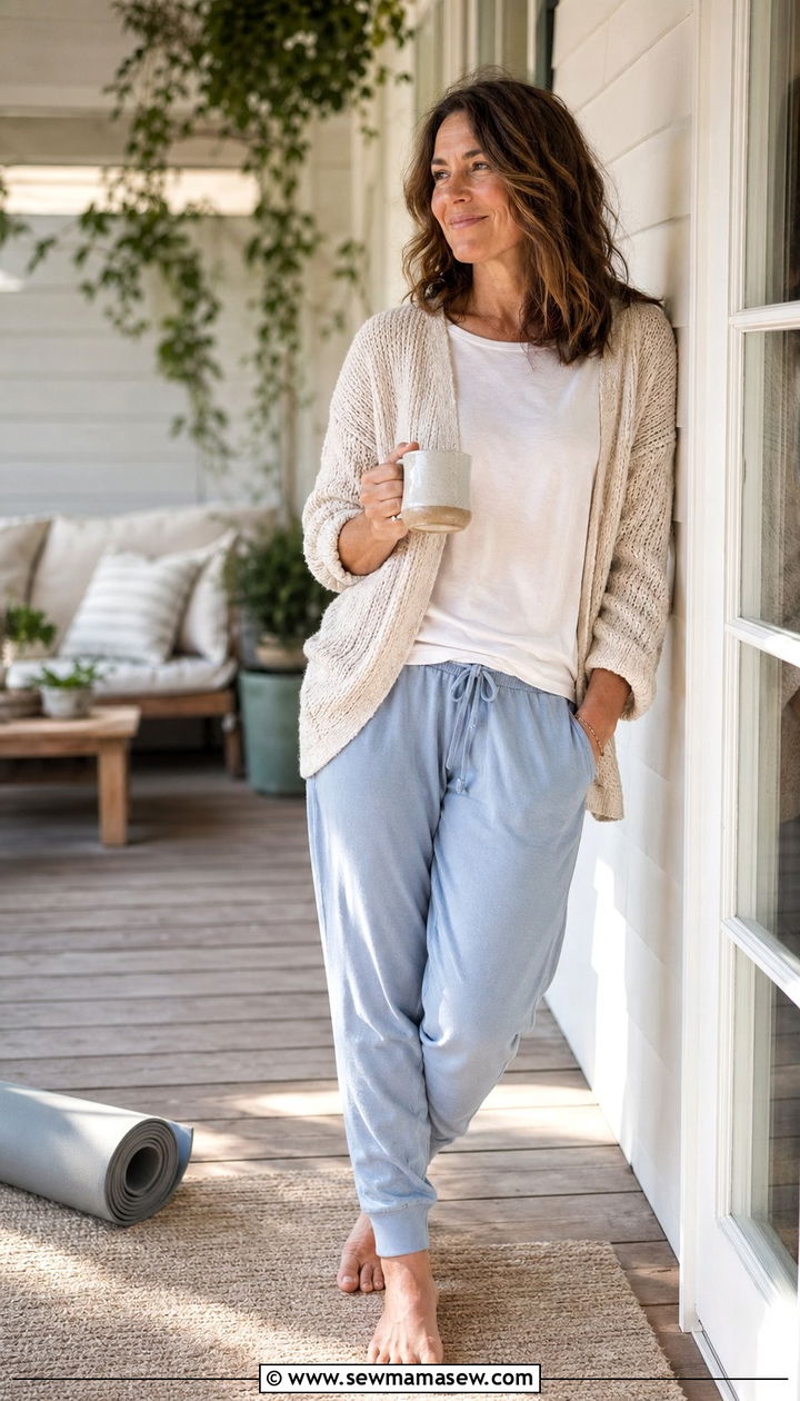 Knit Cardigan With Blue Joggers And White Tee - 30 Athleisure outfit ideas for women over 40