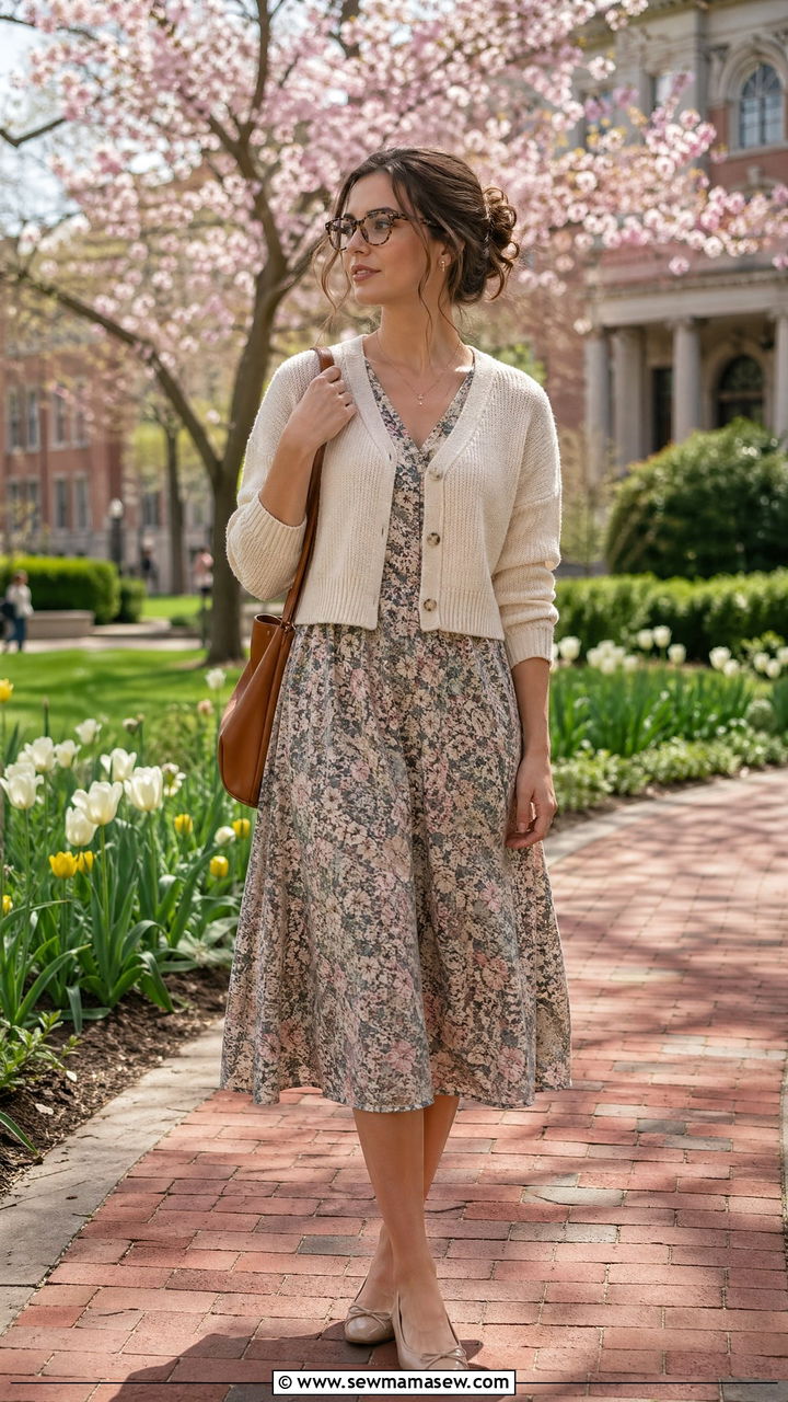 Knit Cardigan With Floral Midi Dress And Glasses - 35 College professor outfit ideas