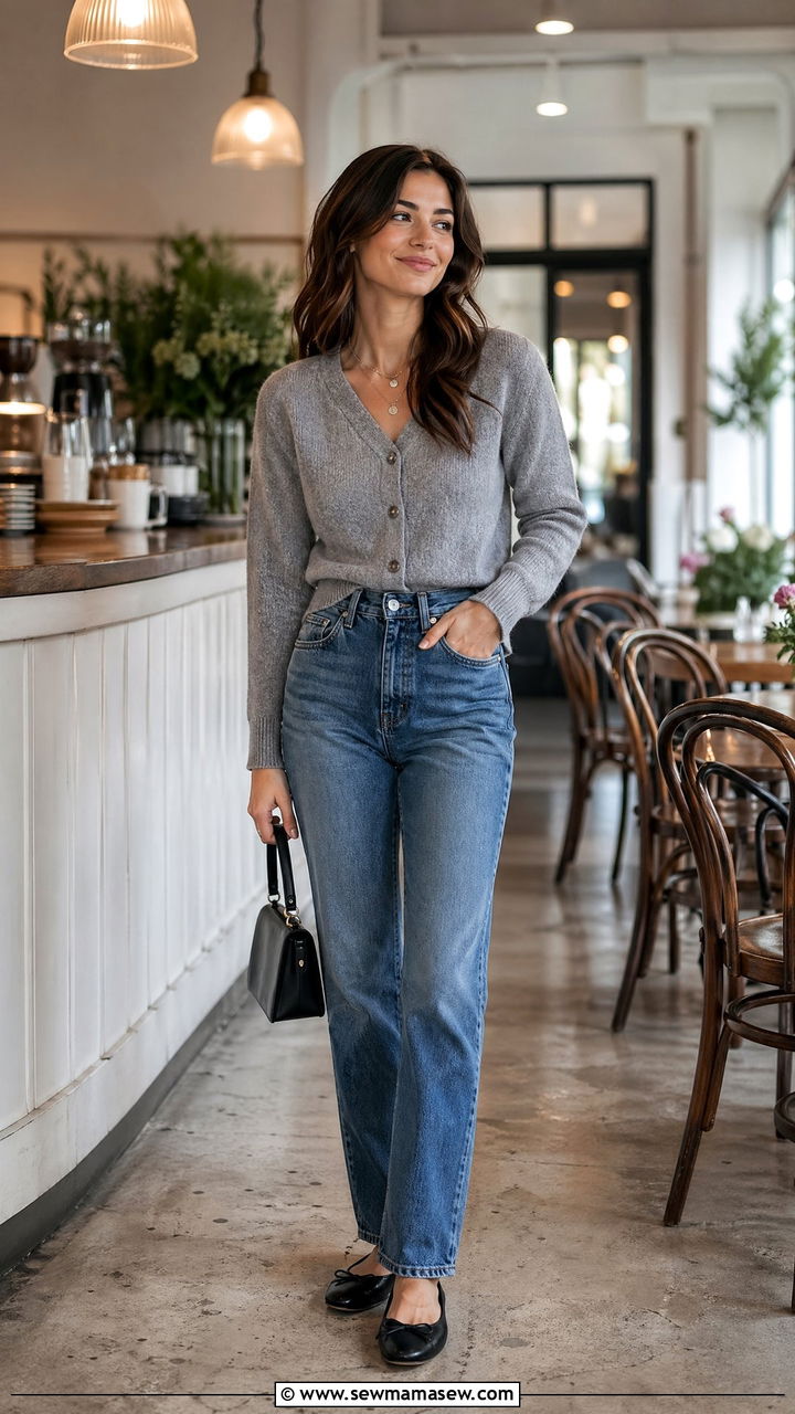 Knit Cardigan With High Waisted Jeans And Ballet Flats Outfit - 35 classy casual outfits