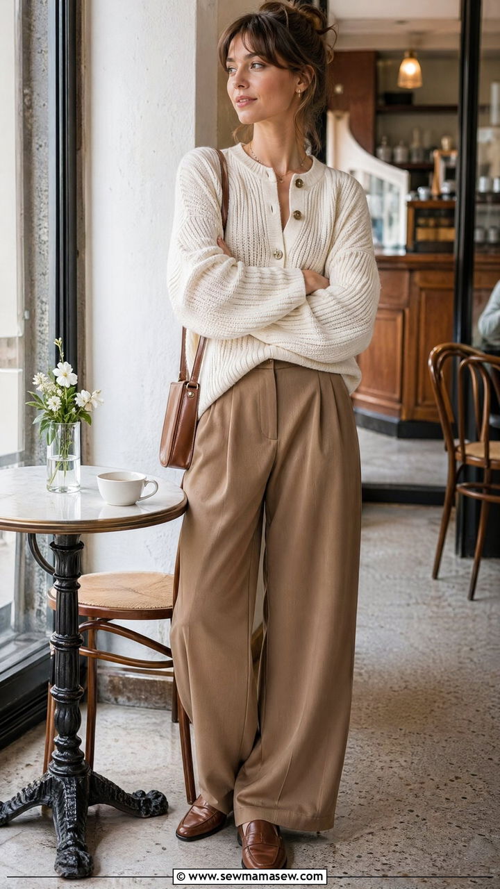 Knit Cardigan With Wide Leg Pants and Loafers - 35 spring french girl outfit ideas