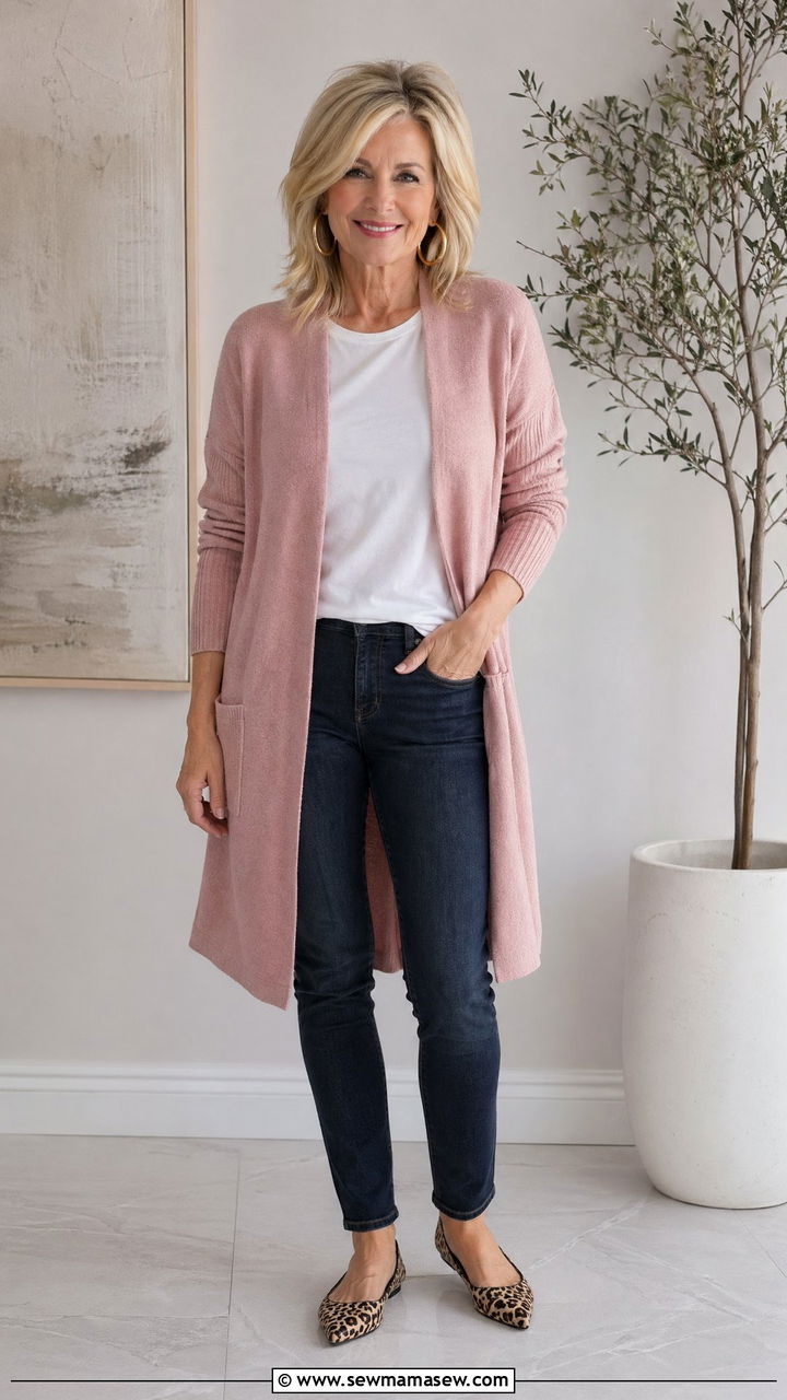 Knit Cardigan with Slim Fit Jeans and Leopard Print Flats - 35 Classy outfit ideas for women over 50