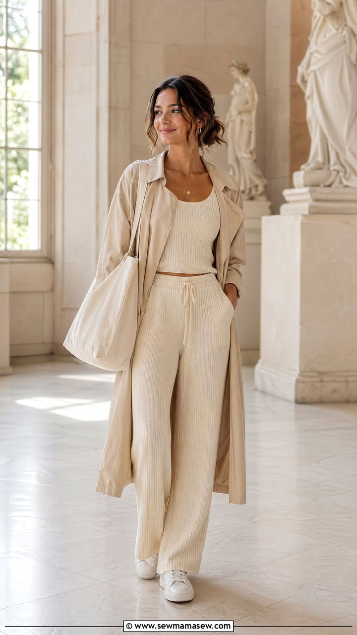 Knit Co Ord Set With Light Trench Coat - 35 summer soft girl outfit ideas