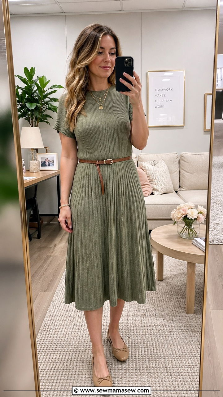 Knit Dress With Belt and Ballet Flats - 30 spring office party outfit ideas