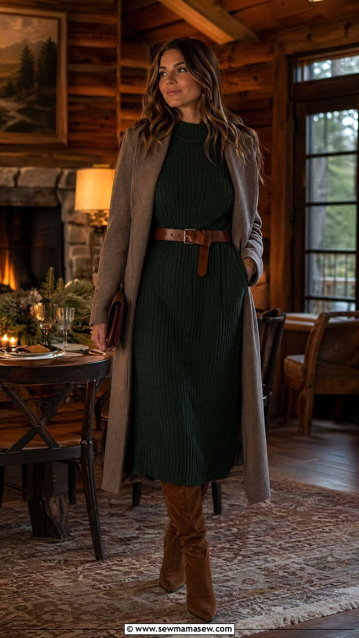 Knit Dress With Belt and Tall Boots - 35 Cozy cabin weekend outfit ideas