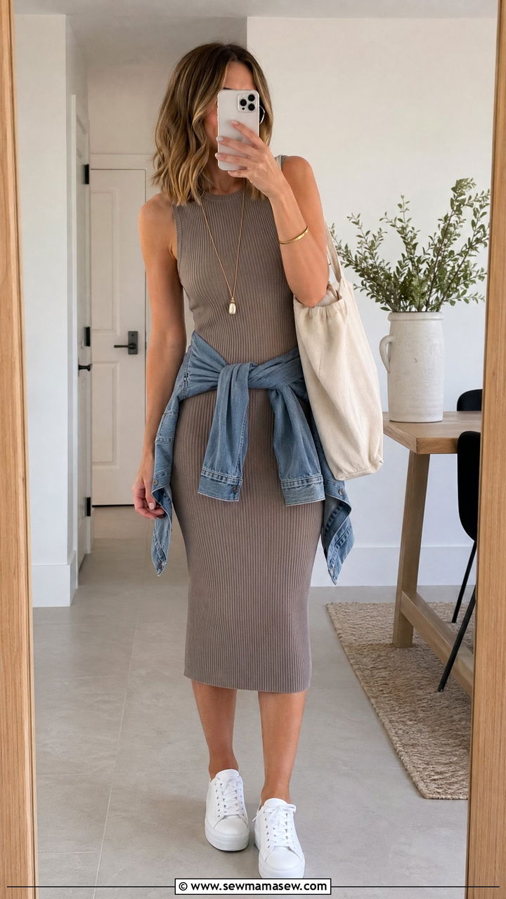 Knit Dress With White Sneakers - 35 Spring outfits for busy moms