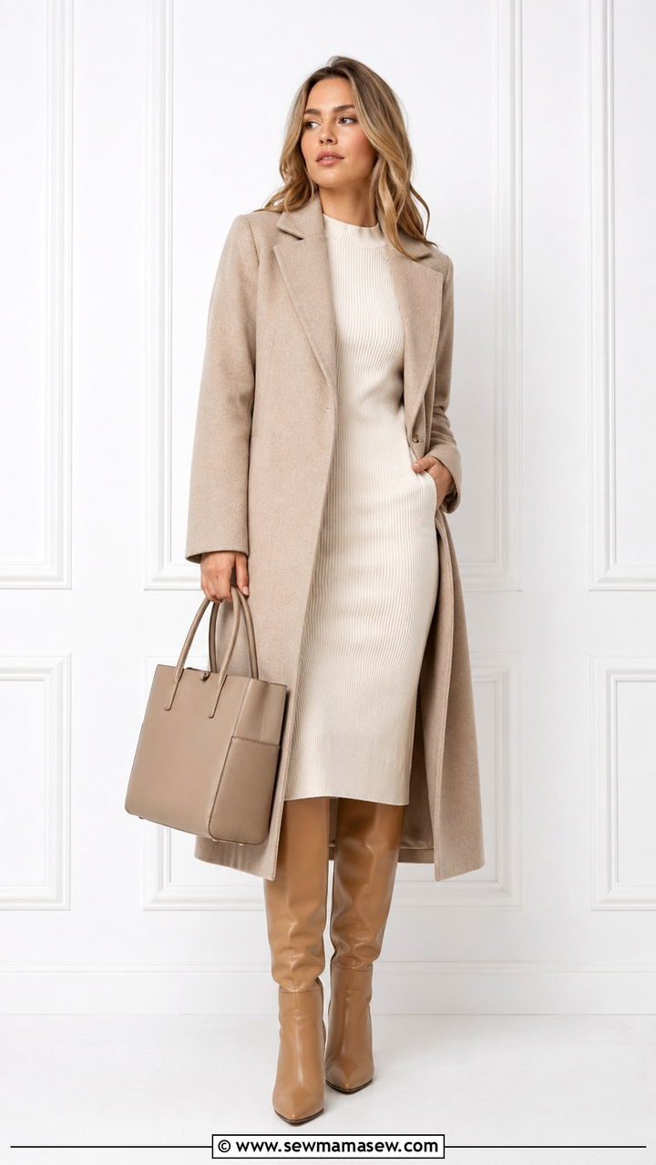 Knit Dress with Knee High Boots and Long Coat - 30 spring cool weather outfit ideas