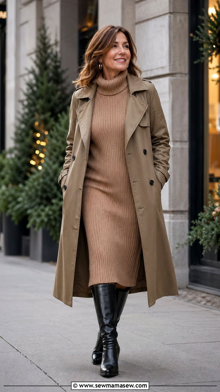 Knit Dress with Trench Coat and Knee High Boots - 35 Parisian outfits for women over 50