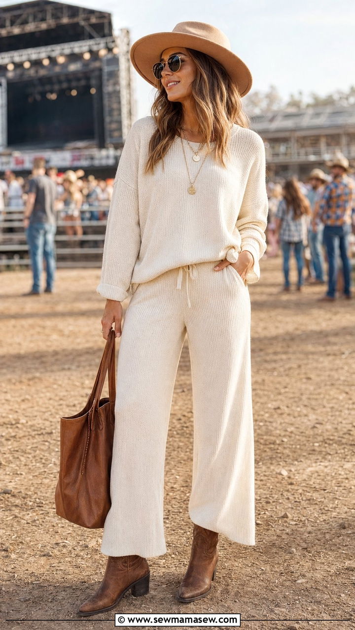 Knit Lounge Set With Cowboy Boots And A Tote - 30 Western outfit ideas for concert
