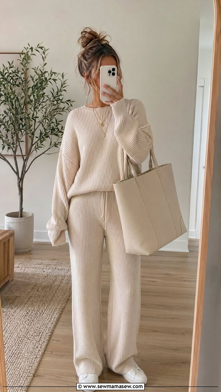 Knit Lounge Set With Oversized Tote - 35 Sporty chic outfit ideas for errands