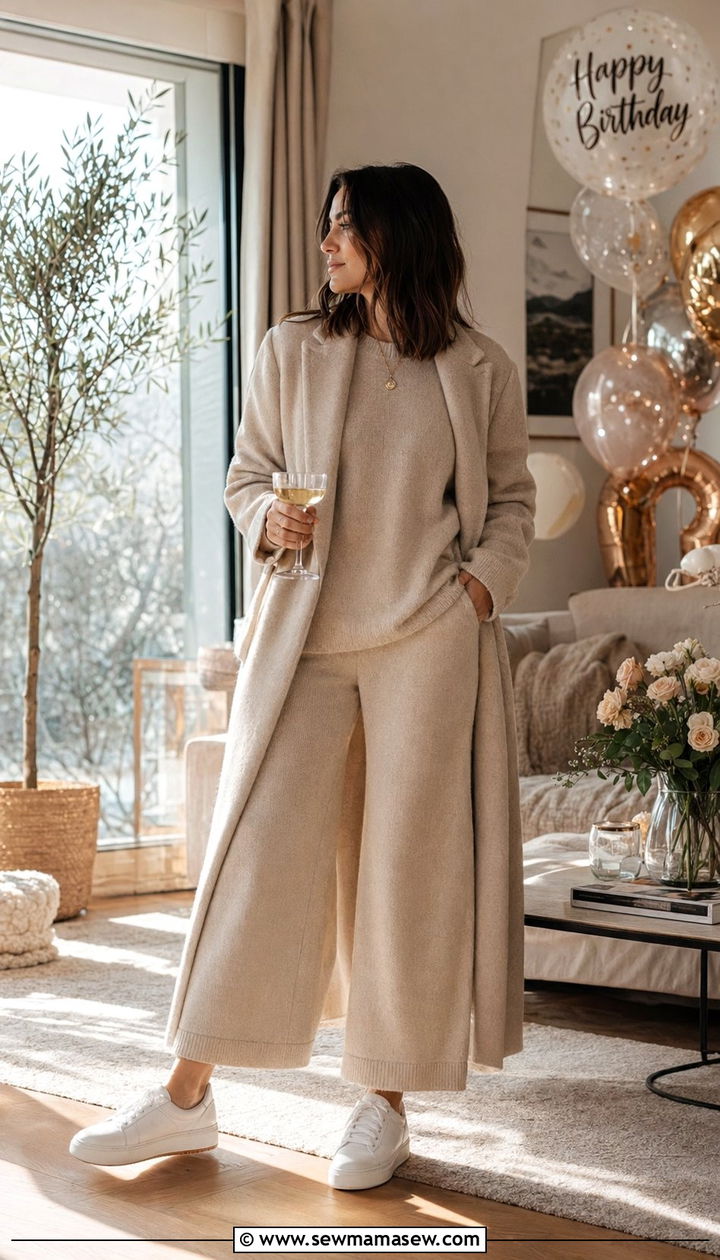 Knit Matching Lounge Set With White Sneakers Outfit - 30 Birthday photo outfit ideas